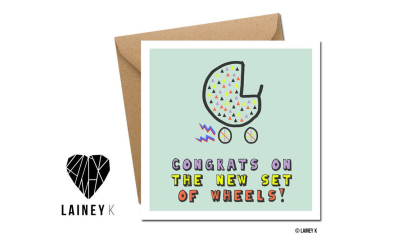 Lainey K New Baby Card: 'Congrats on the new set of wheels!'